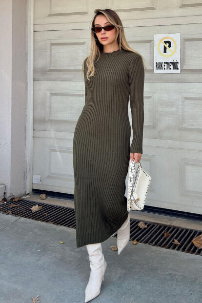 Haki Bria Bisiklet Yaka Kadın Kalın Triko Midi Elbise - SWİST