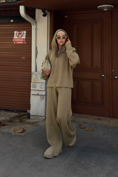 Haki Çimalı Kapüşonlu Hırka-Pantolon Oversize Kadın Triko Alt Üst Takım - SWİST (1)