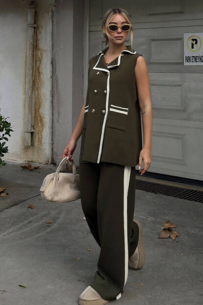 Haki Kruvaze Şerit Detaylı Yelek-Pantolon Kadın Triko Alt Üst Takım - SWİST