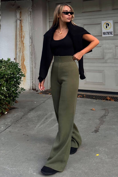 Haki Yüksek Bel Beli Lastikli Kadın Triko Pantolon - SWİST