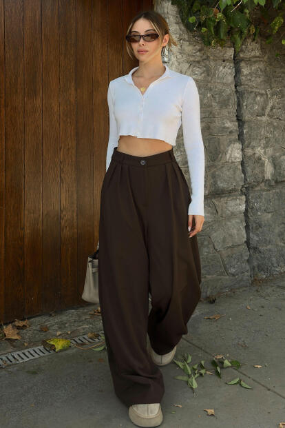 Kahverengi 3 Pileli Yüksek Bel Cepli Bol Paça Kadın Palazzo Pantolon - SWİST