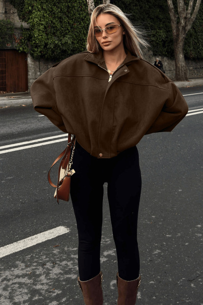 Kahverengi Astarlı Süet Bomber Apolet Detaylı Kadın Crop Mont - SWİST