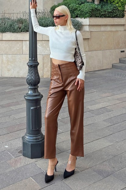 Kahverengi Bel Pensli Yüksek Bel Kadın Suni Deri Pantolon 