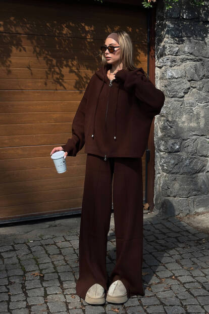 Kahverengi Çimalı Kapüşonlu Hırka-Pantolon Oversize Kadın Triko Alt Üst Takım - SWİST (1)