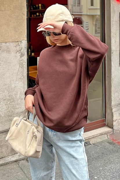 Kahverengi İçi Pamuklu Kadın Basic Sweatshirt - 1