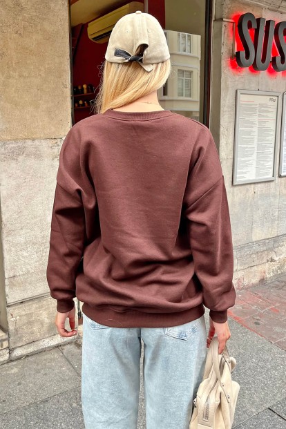 Kahverengi İçi Pamuklu Kadın Basic Sweatshirt - 4