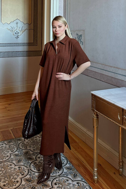 Kahverengi Jess Polo Yaka Çift Yırtmaçlı Relaxed Kadın Midi Elbise - 2