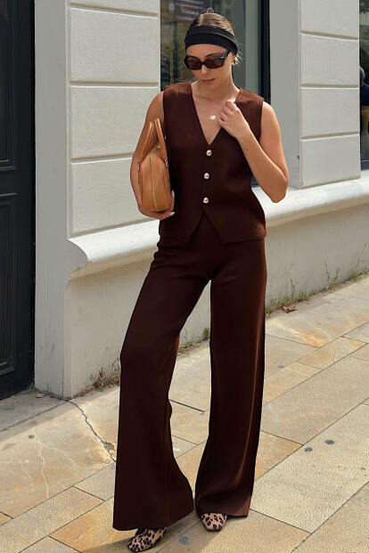 Kahverengi Kyla V Yaka Yelek-Pantolon Kadın Triko Alt Üst Takım - SWİST