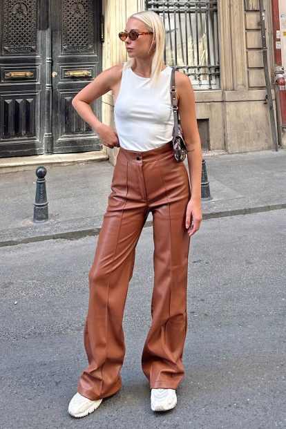 Kahverengi Leather Çimalı Yüksek Bel Geniş Paça Kadın Suni Deri Pantolon 
