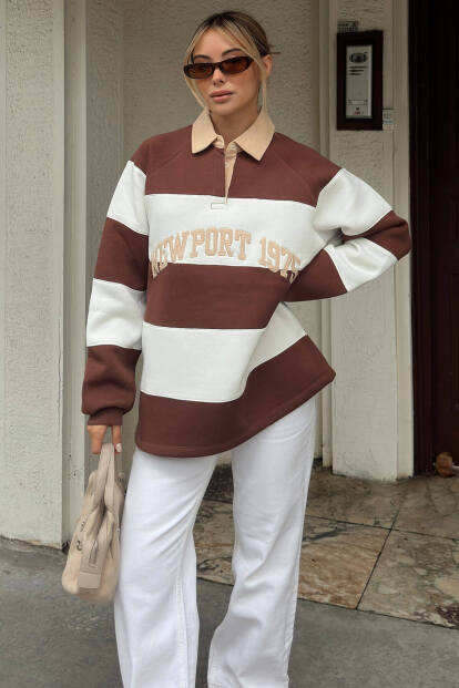 Kahverengi New Port Nakışlı Polo Yaka Çizgili İçi Pamuklu Kadın Sweatshirt - SWİST