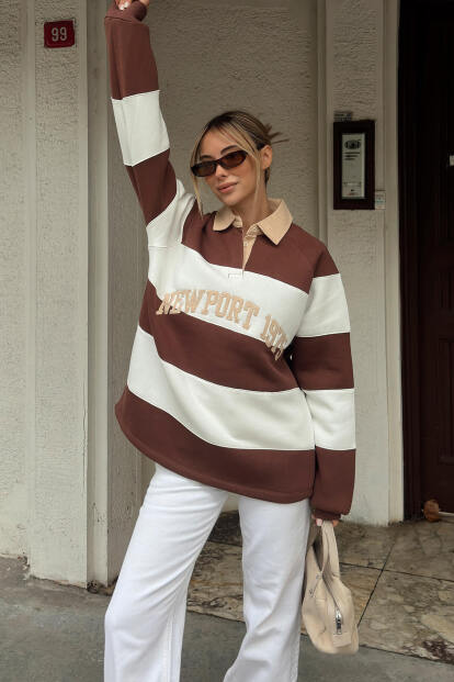 Kahverengi New Port Nakışlı Polo Yaka Çizgili İçi Pamuklu Kadın Sweatshirt - SWİST (1)