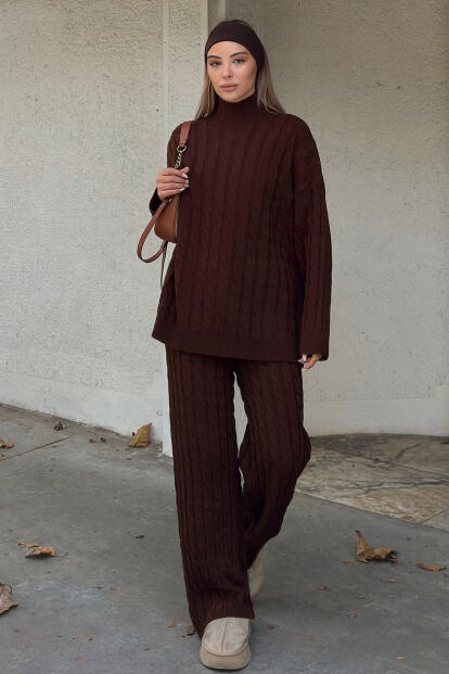 Kahverengi Tail Saç Örgü Desenli Kazak-Pantolon Kadın Alt Üst Takım - SWİST