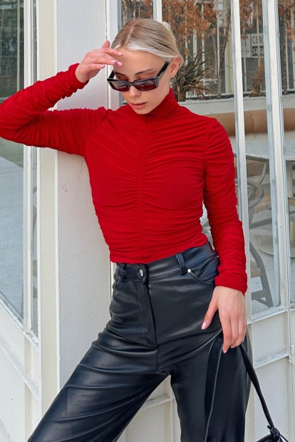 Kırmızı Full Drapeli Yarım Balıkçı Kadın Crop Bluz 