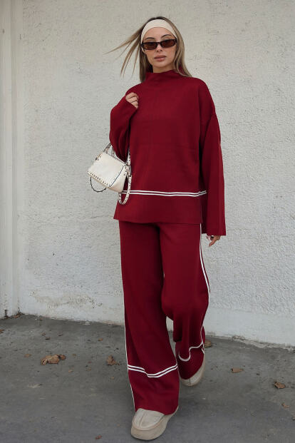 Kırmızı Step Şerit Detaylı Dik Yaka Arkası Uzun Kazak-Pantolon Kadın Triko Alt Üst Takım - SWİST