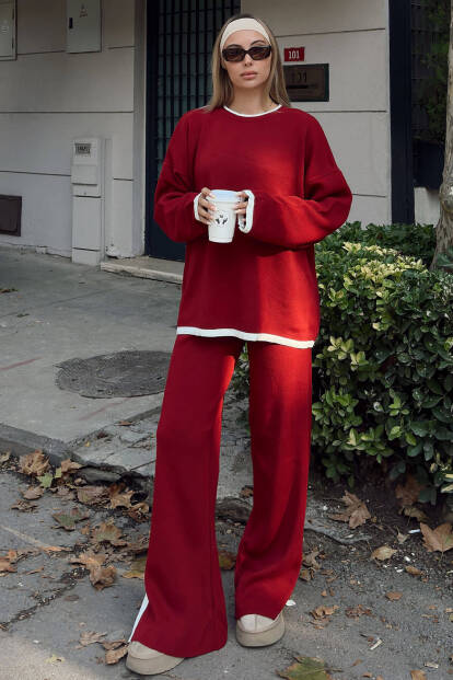 Kırmızı Uma İntersiye Çizgili Yırtmaçlı Oversize Kazak-Pantolon Kadın Triko Alt-Üst Takım - SWİST