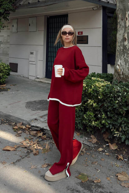 Kırmızı Uma İntersiye Çizgili Yırtmaçlı Oversize Kazak-Pantolon Kadın Triko Alt-Üst Takım - SWİST (1)