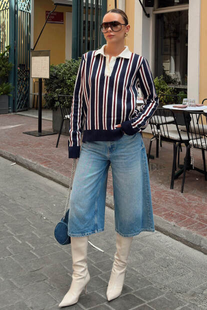 Lacivert Dikey Çizgili Polo Yaka Örgü Kadın Triko Kazak - SWİST