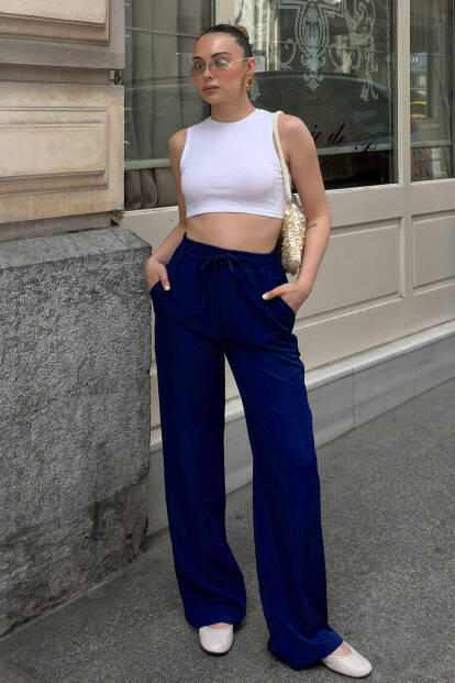 Lacivert Keten Karışımlı Bol Kesim Kadın Pantolon - SWİST