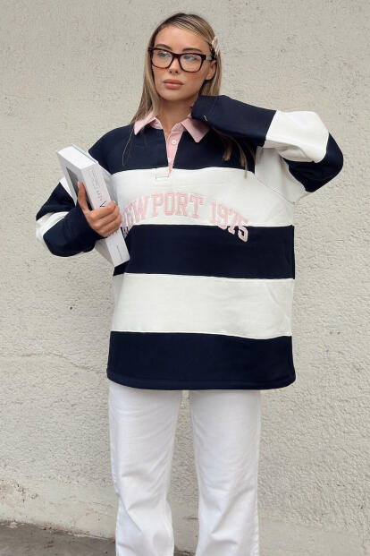 Lacivert New Port Nakışlı Polo Yaka Çizgili İçi Pamuklu Kadın Sweatshirt - SWİST
