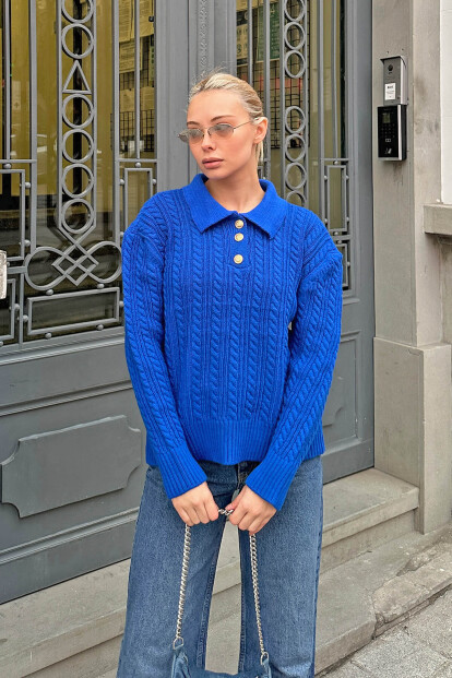 Mavi Becca Polo Yaka Gold Düğmeli Saç Örgülü Kadın Triko Kazak - 2