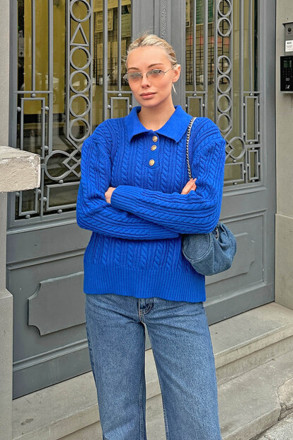 Mavi Becca Polo Yaka Gold Düğmeli Saç Örgülü Kadın Triko Kazak - 3