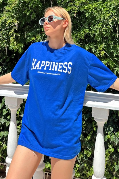Mavi Happiness Baskılı Oversize Kadın Tshirt 