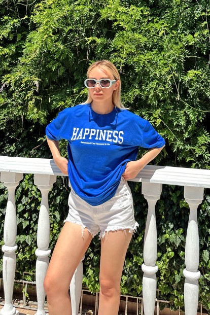 Mavi Happiness Baskılı Oversize Kadın Tshirt - 2