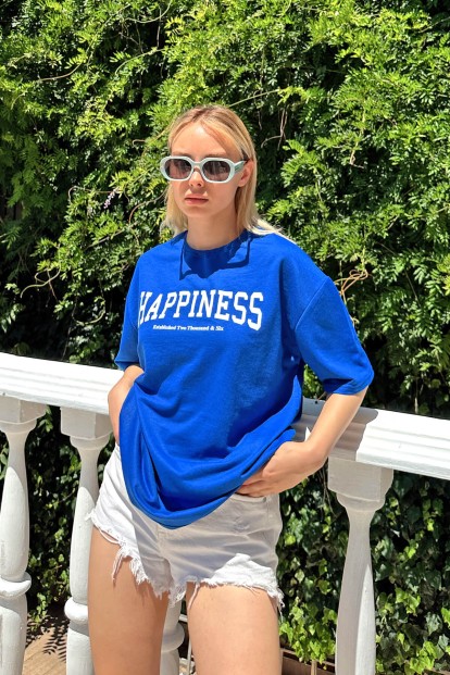 Mavi Happiness Baskılı Oversize Kadın Tshirt - 3