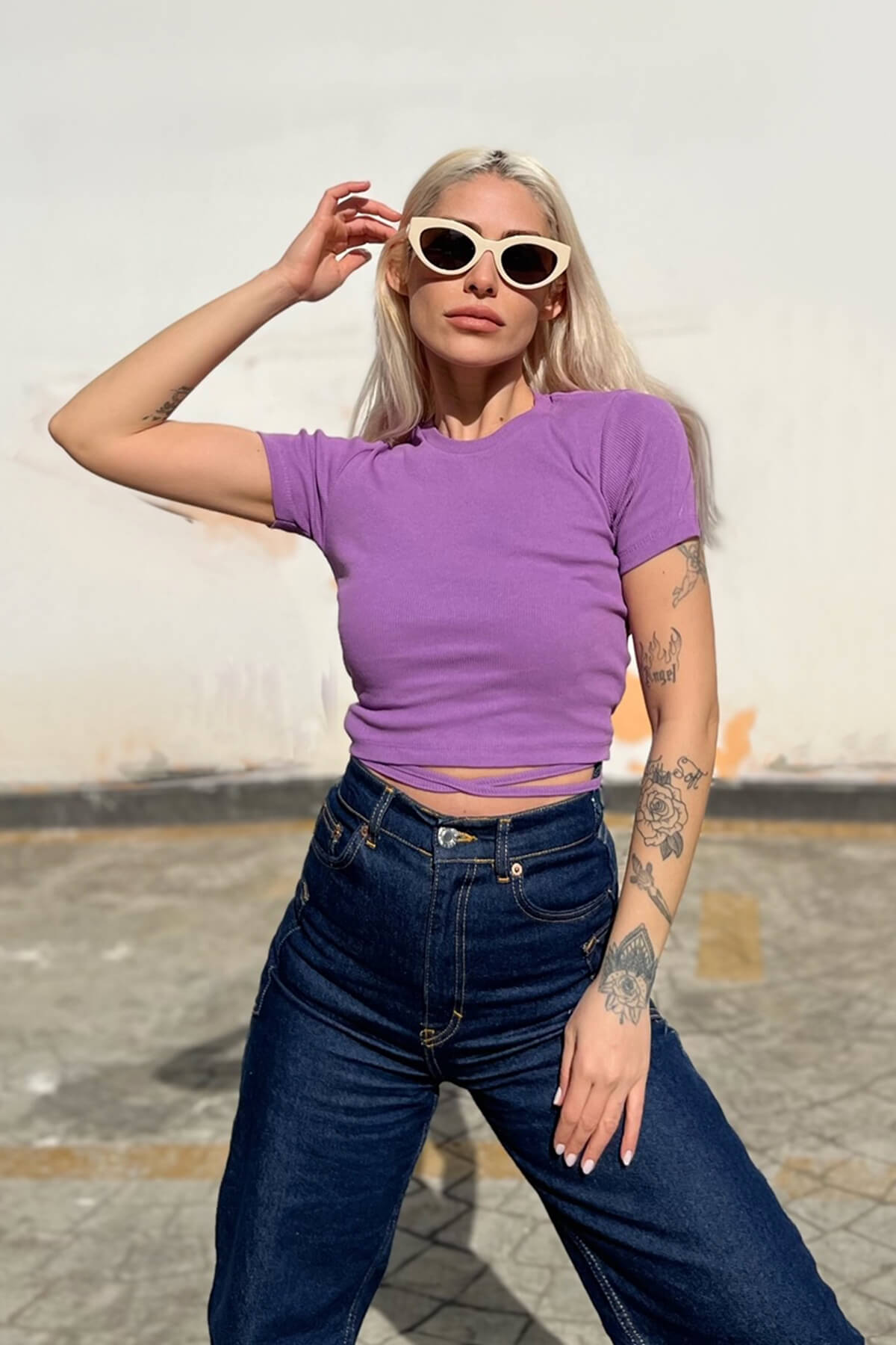 Mor Kısa Kol Biye Bağlamalı Crop Kadın Bluz