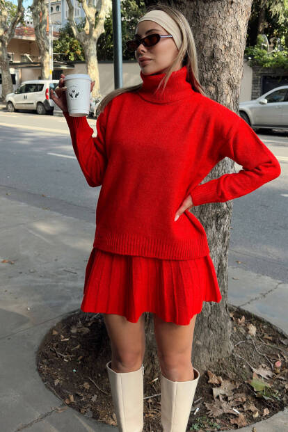 Nar Çiçeği Raina Balıkçı Yaka Kazak-Pilise Etekli Kadın Triko Alt Üst Takım - SWİST