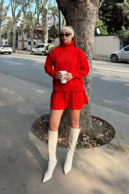 Nar Çiçeği Raina Balıkçı Yaka Kazak-Pilise Etekli Kadın Triko Alt Üst Takım - SWİST (1)