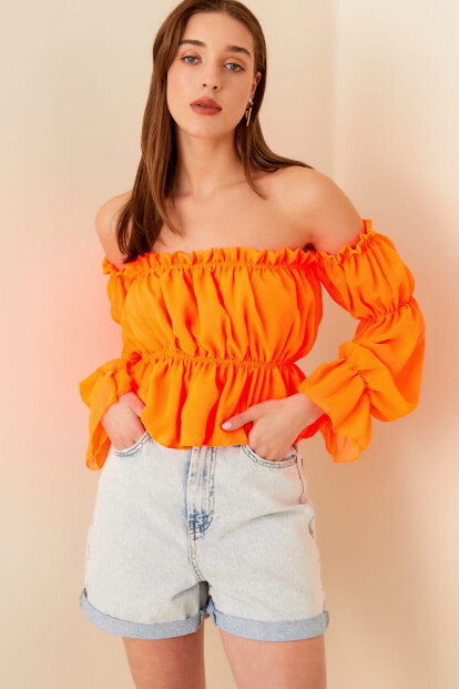 Neon Turuncu Madonna Kadın Şifon Bluz - SWİST