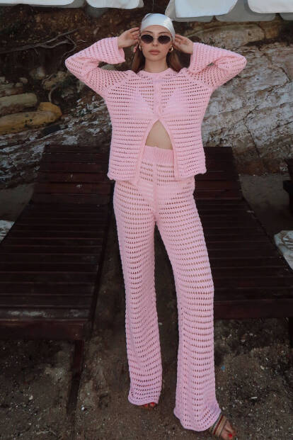 Pembe Ajurlu Hırka-Pantolon Kadın Triko Alt Üst Plaj Takım - SWİST