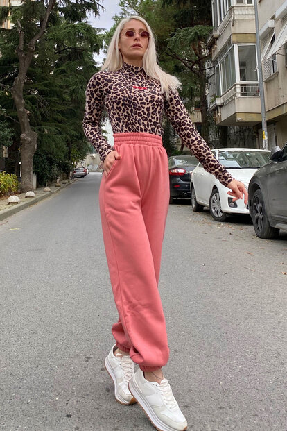Pembe BİLEK VE BEL LASTİKLİ İÇİ PAMUKLU YÜKSEK BEL EŞOFMAN 