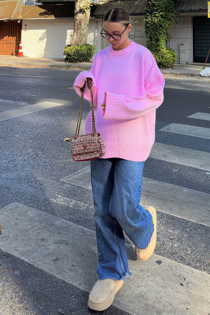 Pembe Biscuit Bisiklet Yaka Oversize Kadın Triko Kazak - SWİST