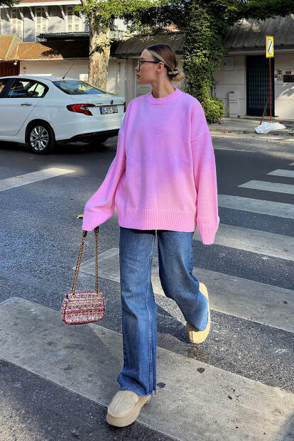 Pembe Biscuit Bisiklet Yaka Oversize Kadın Triko Kazak - SWİST (1)