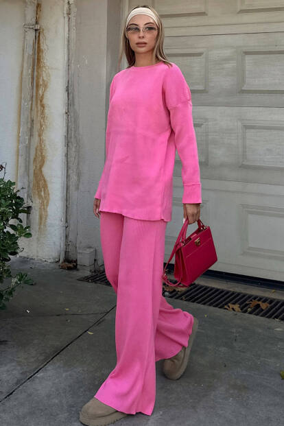 Pembe Deg Fitilli Kazak-Pantolon Kadın Triko Alt Üst Takım - SWİST