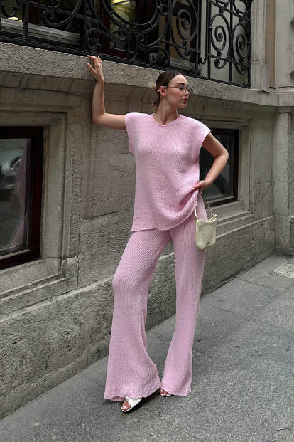 Pembe Düşük Kol Bluz-Pantolon Örme Kadın Triko Alt Üst Takım - SWİST (1)