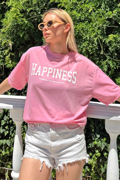 Pembe Happiness Baskılı Oversize Kadın Tshirt 