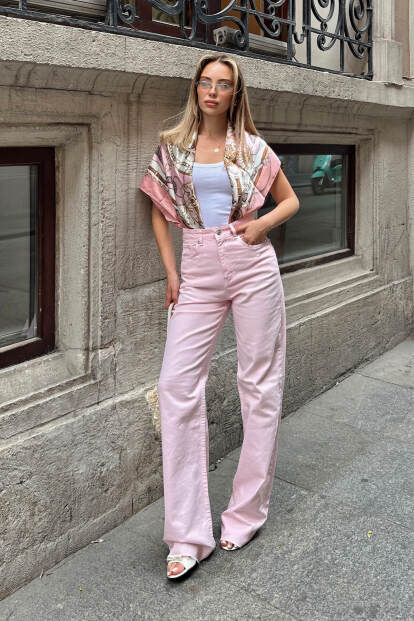Pembe Paça Detaylı Yüksek Bel Wide Leg Kadın Jean - SWİST (1)