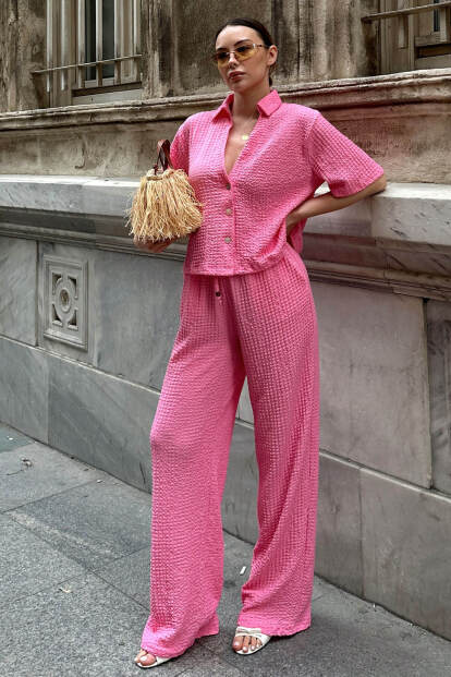 Pembe Polo Yaka Crop Pantolon Kadın Bürümcük Alt Üst Takım - SWİST