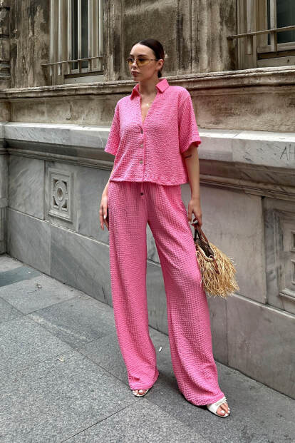 Pembe Polo Yaka Crop Pantolon Kadın Bürümcük Alt Üst Takım - SWİST (1)