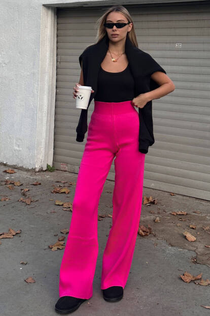 Pembe Yüksek Bel Beli Lastikli Kadın Triko Pantolon - SWİST