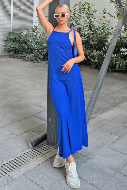 Saks Mavisi Elie Halter Yaka Bürümcük Kadın Midi Elbise 