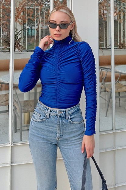 Saks Mavisi Full Drapeli Yarım Balıkçı Kadın Crop Bluz 