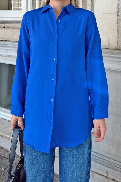 Saks Mavisi Oversize Uzun Basic Kadın Gömlek - 4