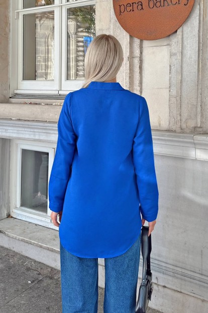 Saks Mavisi Oversize Uzun Basic Kadın Gömlek - 5