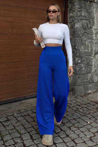 Saks Mavisi Yüksek Bel Beli Lastikli Kadın Triko Pantolon - SWİST