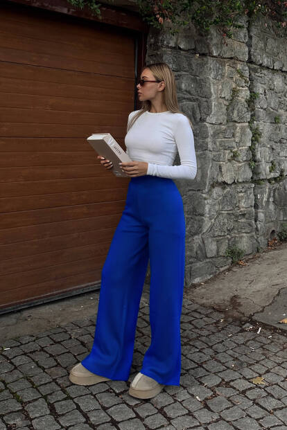 Saks Mavisi Yüksek Bel Beli Lastikli Kadın Triko Pantolon - SWİST (1)