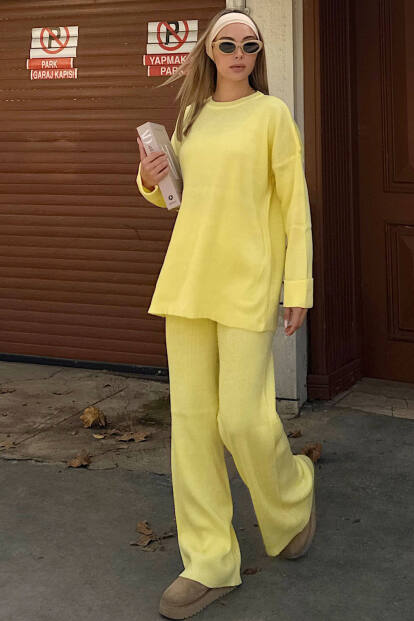 Sarı Deg Fitilli Kazak-Pantolon Kadın Triko Alt Üst Takım - SWİST